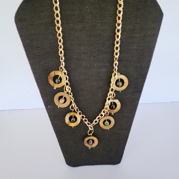 Hand Crafted Necklace Shells Stones Brown Green Chain Charm - Picture 6 of 7